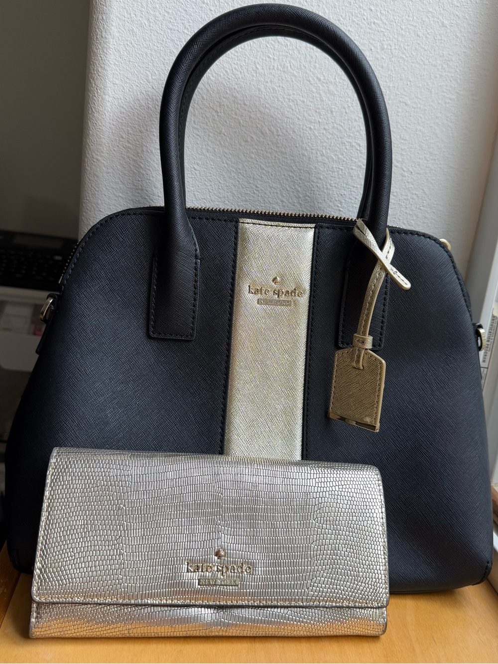 kate Spade Black Satchel with Metallic Gold Accent and Matching Gold Wallet